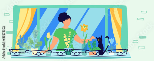 Woman on the balcony with a cat and houseplants. Self-care. Home flowers on the balcony. Hobby. The concept of harmony and self-care, building a happy inner world and a prosperous lifestyle