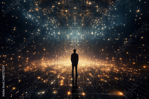 Person stands among information flows, the space around him is filled with various text data and digital data, Information overload, Digital transformation concept. photo
