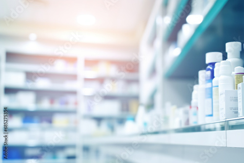 Blurred background of a pharmacy store. Pharmacist and medicine concept. Generative Ai