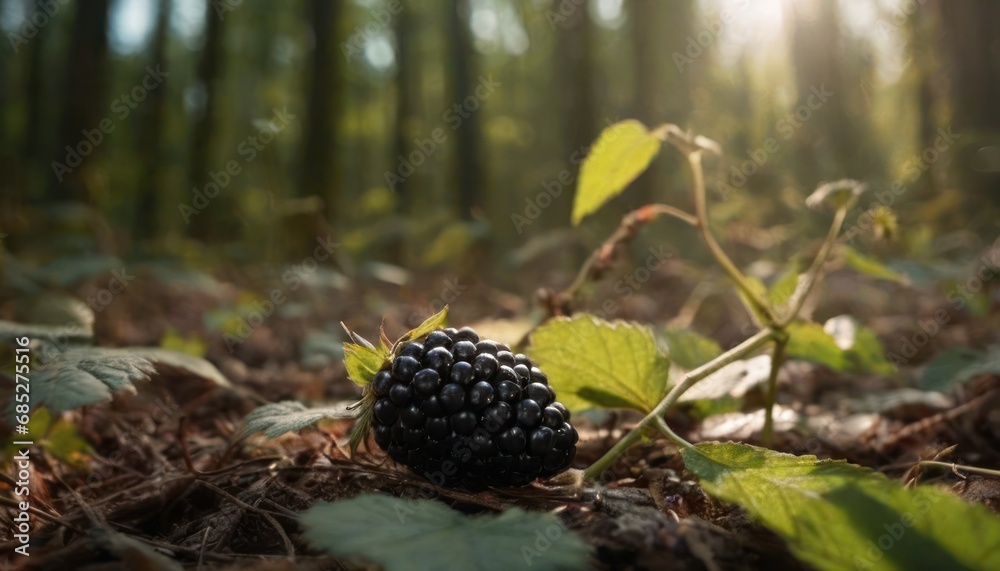 a close up of a blackberry on the ground in a forest with sun shining through the trees and leaves on the ground and on the ground is a black berry with green leaves. a close up of a blackberry on the ground in a forest with sun shining through the trees and leaves on the ground and on the ground is a black berry with green leaves.