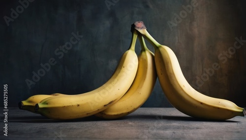  a group of three bananas sitting next to each other on top of a wooden table in front of a black wall and a wooden floor with a black wall behind it.