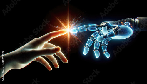 A symbolic moment as a human hand bestows consciousness upon an AI, sparking a flash of lightning photo