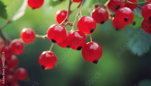 a close up of a bunch of red berries hanging from a tree branch with green leaves in the background and a blurry background of leaves in the foreground.