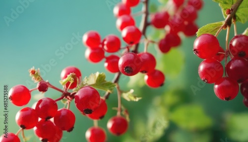 a close up of a bunch of red berries on a branch with green leaves in the foreground and a blue sky in the background with a few clouds in the foreground.