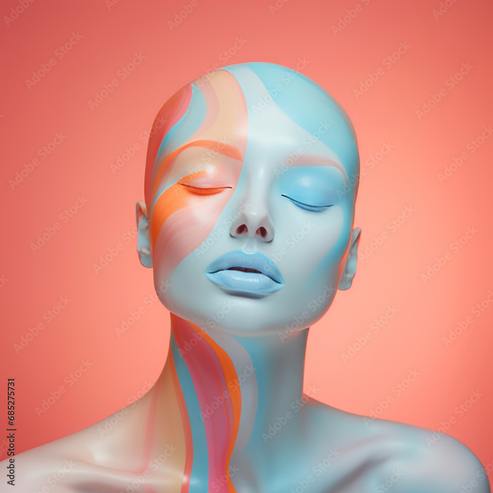Female face close up with pastel color art makeup, pastel paint on skin. Fashion model woman, close up head with lips, closed eyes, no hairs. Minimal style aesthetic image, beauty concept Female face close up with pastel color art makeup, pastel paint on skin. Fashion model woman, close up head with lips, closed eyes, no hairs. Minimal style aesthetic image, beauty concept