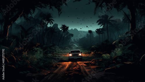 A car at jungle path night