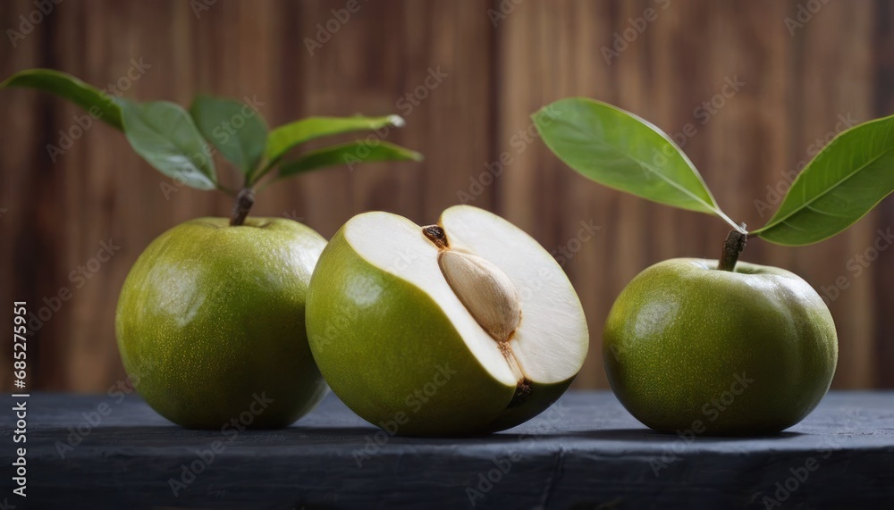  a group of three green apples with one cut in half and the other half with a leaf on the top of one of the apples, on a black surface with a wooden background.