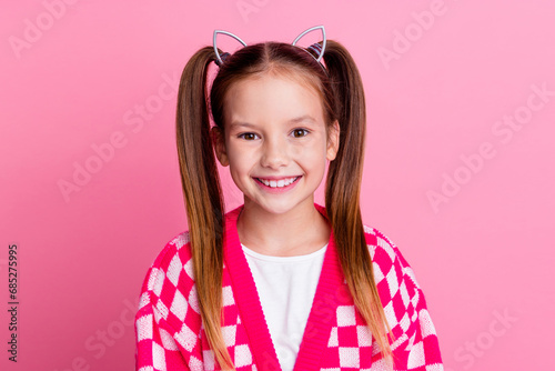 Portrait of positive cheerful girl with ponytails cat ears on head wear print sweater toothy smiling isolated on pink color background