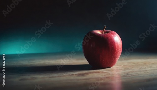  a red apple sitting on top of a wooden table next to a green wall and a black light shining on the back of the apple and the top of the table.