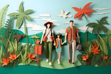 Happy family go to travel in paper cut style.