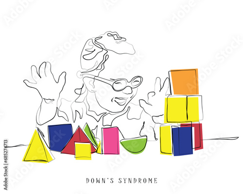 kids with down syndrome. Hand drawn line art vector of a cute little girl with painted hands. Downs syndrome awareness.
