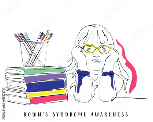 kids with down syndrome. Hand drawn line art vector of a cute little girl with painted hands. Downs syndrome awareness.