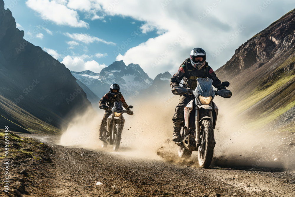Naklejka premium Male biker on motorcycle rides off-road in mountains in highlands, beautiful mountain landscape, clouds sky, autumn season. Active leisure, travel, sport concept. Generative ai .