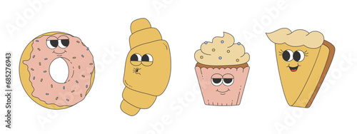 Set of groovy cake, croissant, donut and cupcake. Cartoon character in trendy retro style. Isolated vector illustration
