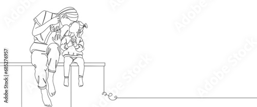 Happy mom with her female child in line art style. Mother and daughter . Minimalist black linear sketch isolated on white background. Vector illustration