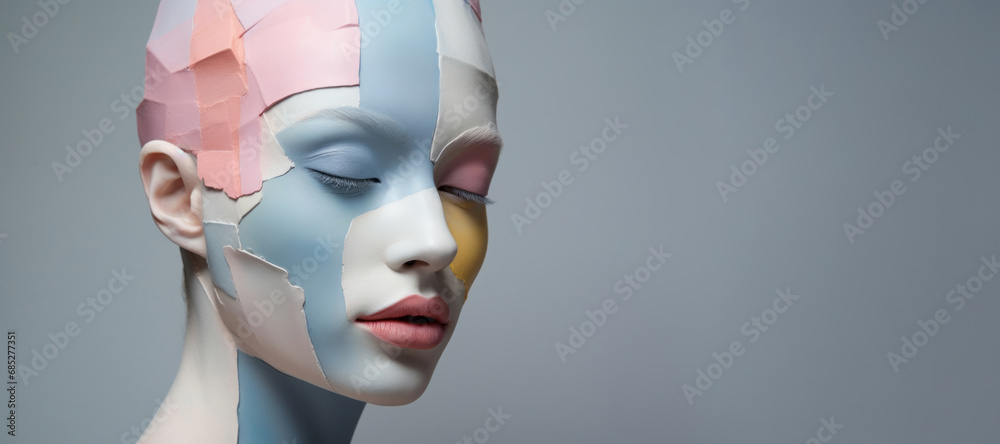 Female face close up with pastel color art makeup, paint on skin on grey background, banner copy space. Fashion model woman, lips, closed eyes, no hairs. Minimal aesthetic image, beauty concept - obrazy, fototapety, plakaty 