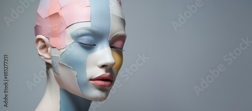 Female face close up with pastel color art makeup, paint on skin on grey background, banner copy space. Fashion model woman, lips, closed eyes, no hairs. Minimal aesthetic image, beauty concept photo