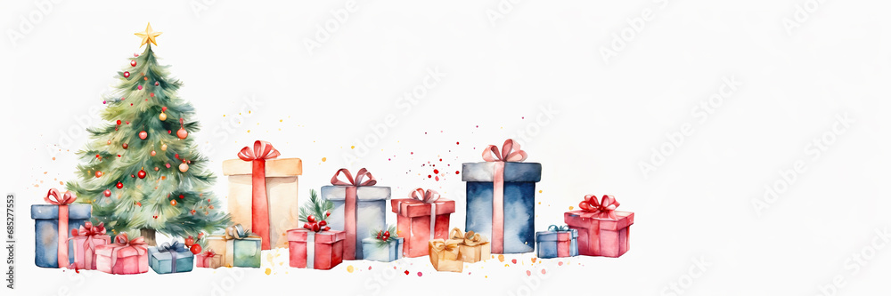 Watercolour christmas tree and gift boxes on a white background. Greeting card for Christmas and New Year with copy space. Watercolour christmas tree and gift boxes on a white background. Greeting card for Christmas and New Year with copy space.