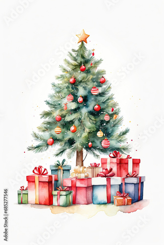 Watercolour christmas tree and gift boxes on a white background. Greeting card for Christmas and New Year