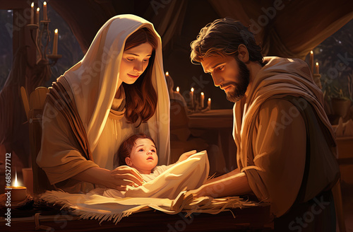 escena de la natividad en el portal de belen con la virgen maría, San José y el niño jesús  photo