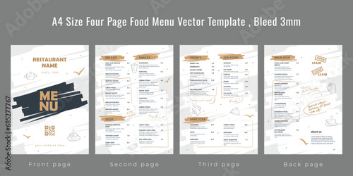Restaurant cafe menu, template design, A4 size four page food menu template, Bleed 3mm photo