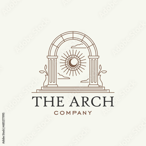 mystic doorway logo, antique arch architecture entrance stairway with door, and tropical plant leaf in contemporary modern vintage aesthetic sun arch boho style