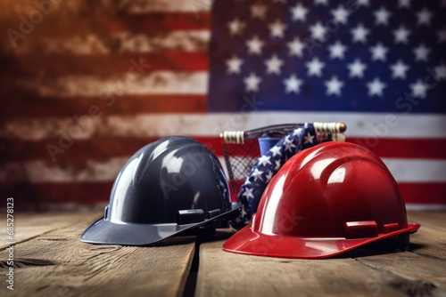Happy Labor day concept with hard hats and American flag on background 