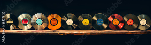 Used vintage vinyl records of various types and colors. Retro musical background.