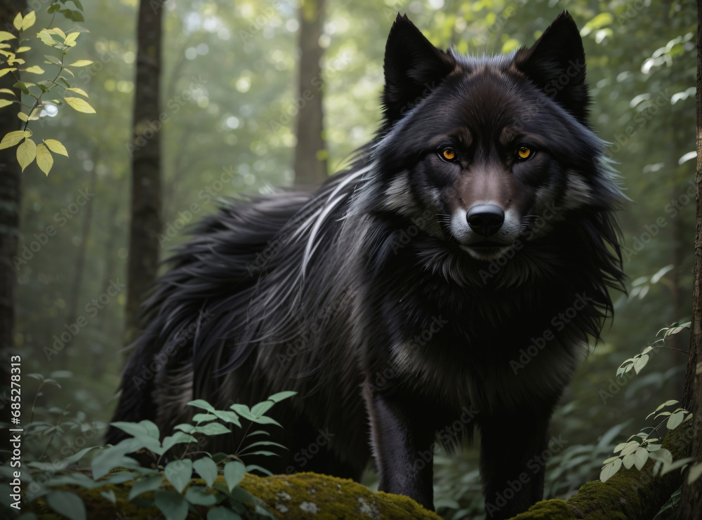 black wolf in the middle of the forest Ai Generative black wolf in the middle of the forest Ai Generative