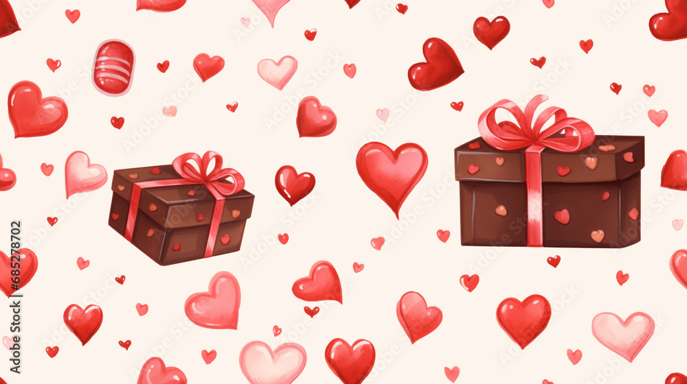 Chocolate boxes and red hearts scattered playfully, Valentine’s Day, seamless pattern, watercolor style