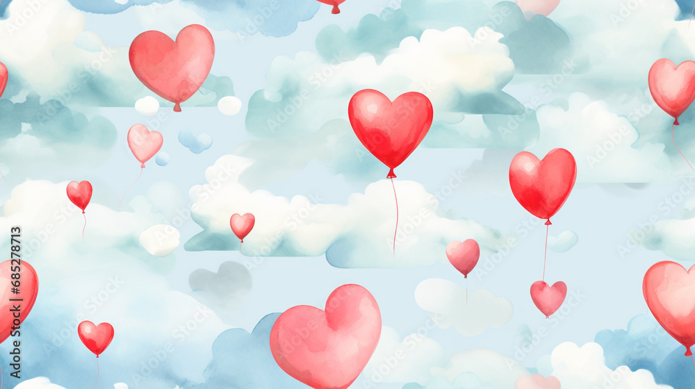 Heart-shaped balloons floating among clouds, Valentine’s Day, seamless pattern, watercolor style