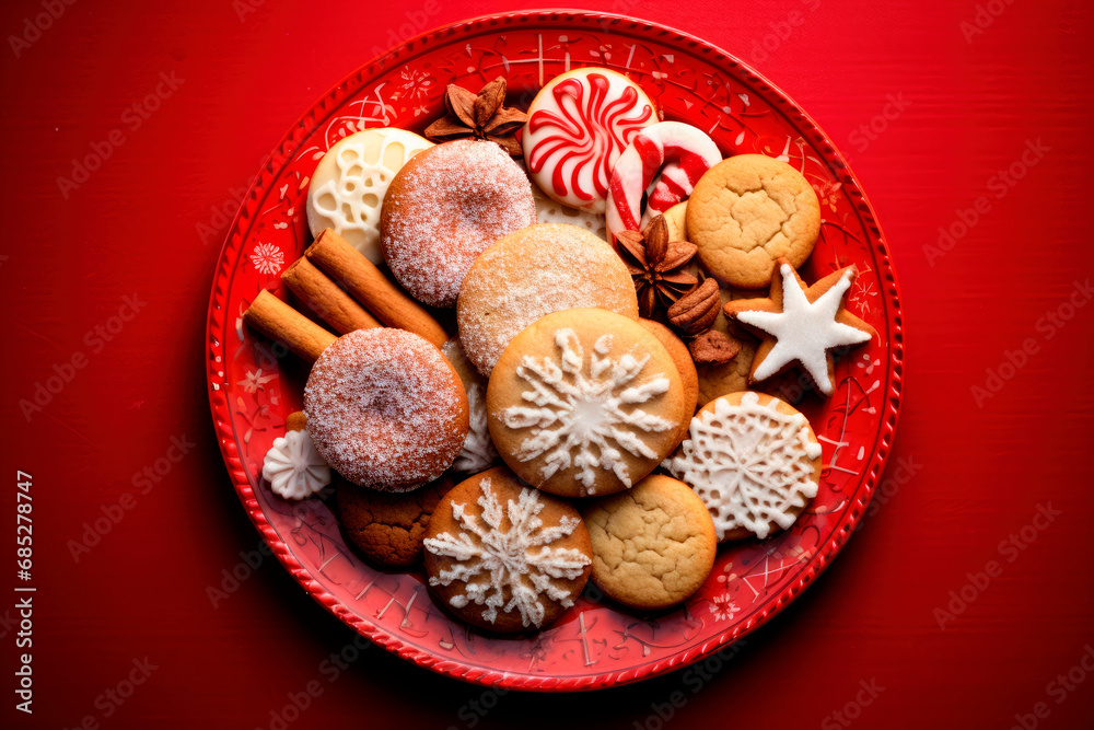 christmas cookies on a red plate on red background. Top view christmas cookies on a red plate on red background. Top view