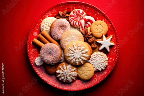 christmas cookies on a red plate on red background. Top view