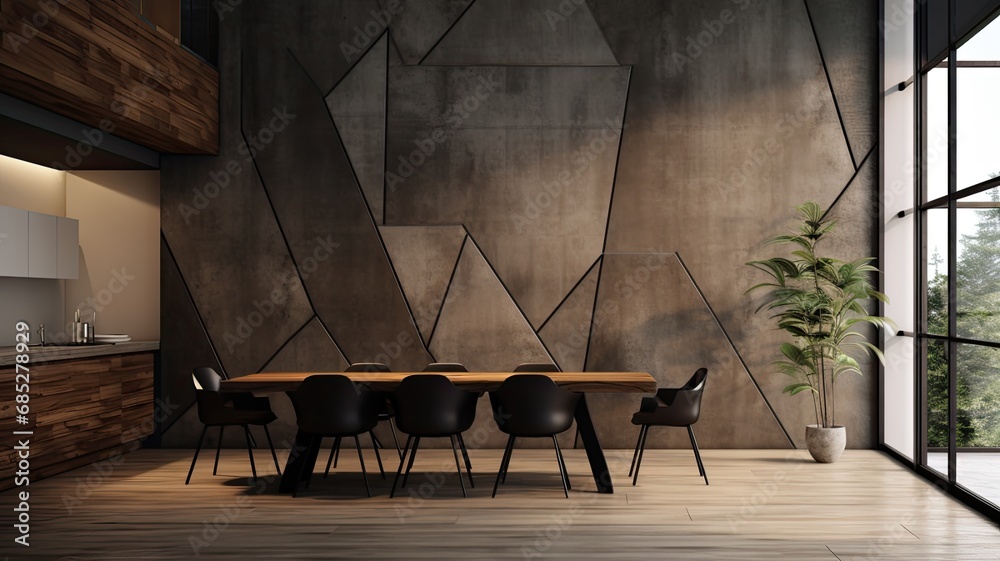 Scenes of industrial-inspired 3D wall panels, showcasing designs that incorporate materials like metal, concrete, or reclaimed wood for an edgy and modern look