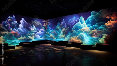 Visuals of digital art projections on 3D walls, demonstrating the use of technology to create dynamic and ever-changing visual displays