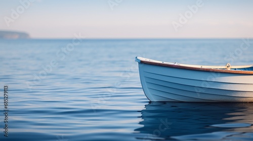 Small Boat Floating on the Quiet Sea with Horizon in View