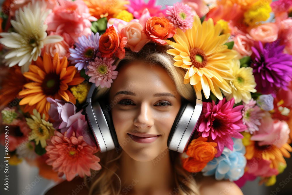 smiling girl in headphones among colorful bright flowers, music of nature smiling girl in headphones among colorful bright flowers, music of nature