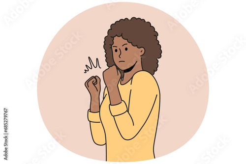 Confident African American woman show power and strength. Decisive black female feel strong and powerful. Leadership concept. Vector illustration.