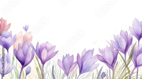 spring season delicate frame with purple crocus flowers white background