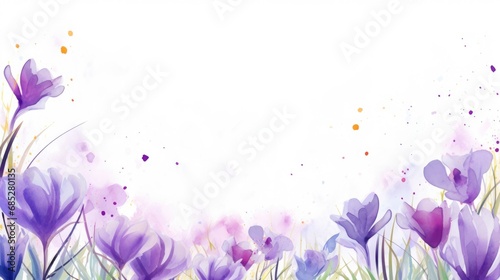 spring season delicate frame with purple crocus flowers,white background