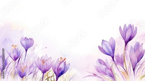 spring season delicate frame with purple crocus flowers,white background photo