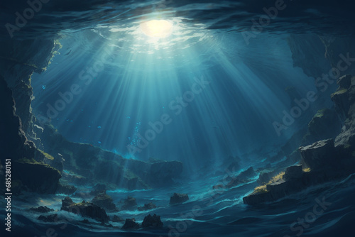 Deep sea water abyss with blue sun light