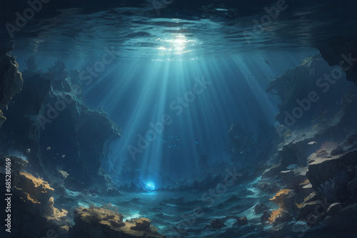 Deep sea water abyss with blue sun light © Adri Zen