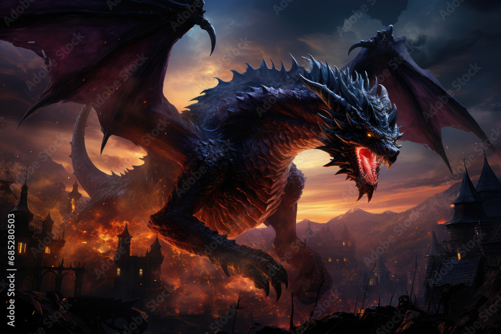 Dragon breathing fire while flying over a village. Mythology creature. Dark fantasy illustration. Generative AI Dragon breathing fire while flying over a village. Mythology creature. Dark fantasy illustration. Generative AI