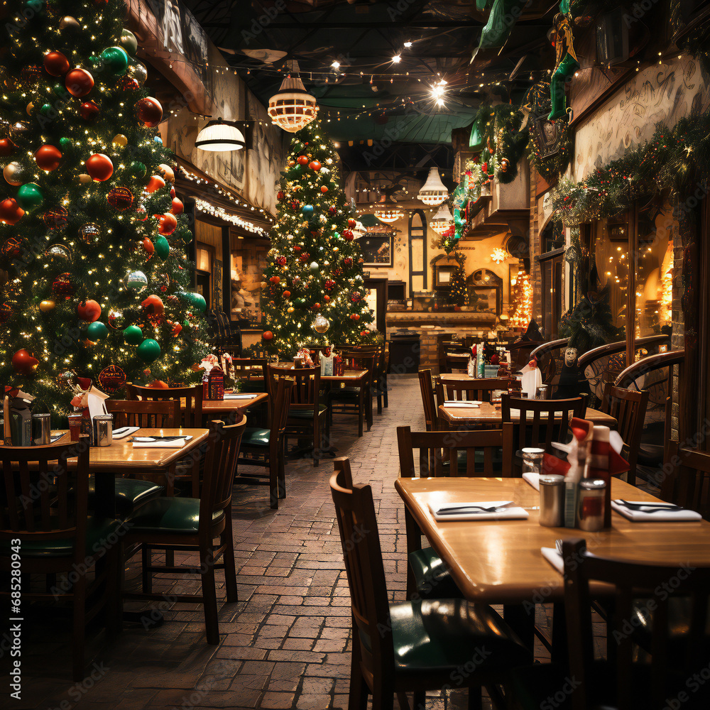 Christmas Restaurant Christmas Tree Bright Lights Food Table