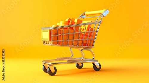 Long shopping cart on yellow background. Sales an discounts concept. 3d illustration,Generative Ai.