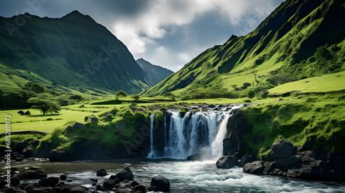 Lush Green Landscape Waterfall on the Hawaiian Islands With Beautiful Sky generated Ai.