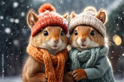 Two cute squirrels in knitted hats and scarves hugging each other under falling snowflakes. Concept of love, friendship, family, Valentine's day. AI generated photo
