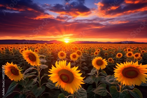 Beautiful sunset over sunflowers field