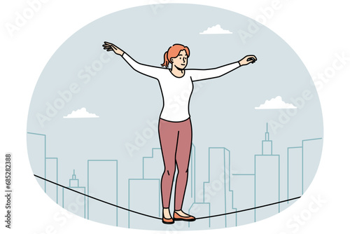 Young woman equilibrist walking on rope in air. Female walker engaged in extreme sportive physical activity. Hobby concept. Vector illustration.